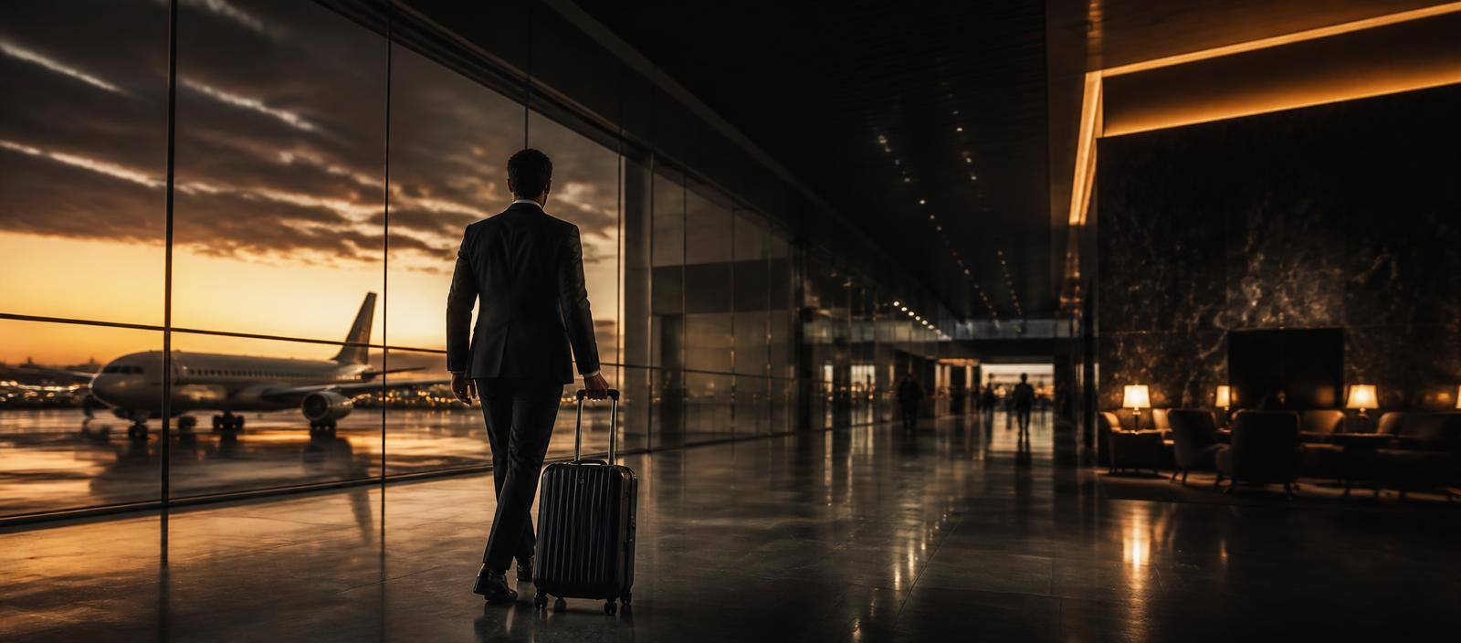 Executivo em viagem internacional em terminal de aeroporto